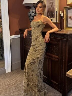 House of CB Naima Olive Bronze Hand Beaded Embellished Corset Maxi Dress NWOT